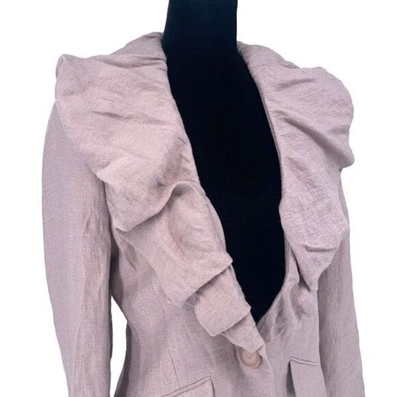 BCBG MAXAZRIA‎ Ruffle Collared Linen Blend Jacket Blazer Size 10P Purple/Pink - Picture 2 of 12
